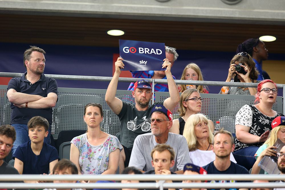 Supporters cheer on Sir Bradley Wiggins of Great Britain and Team Wiggins as he tries to break the UCI One Hour Record at Lee Valley Velopark Velodrome.