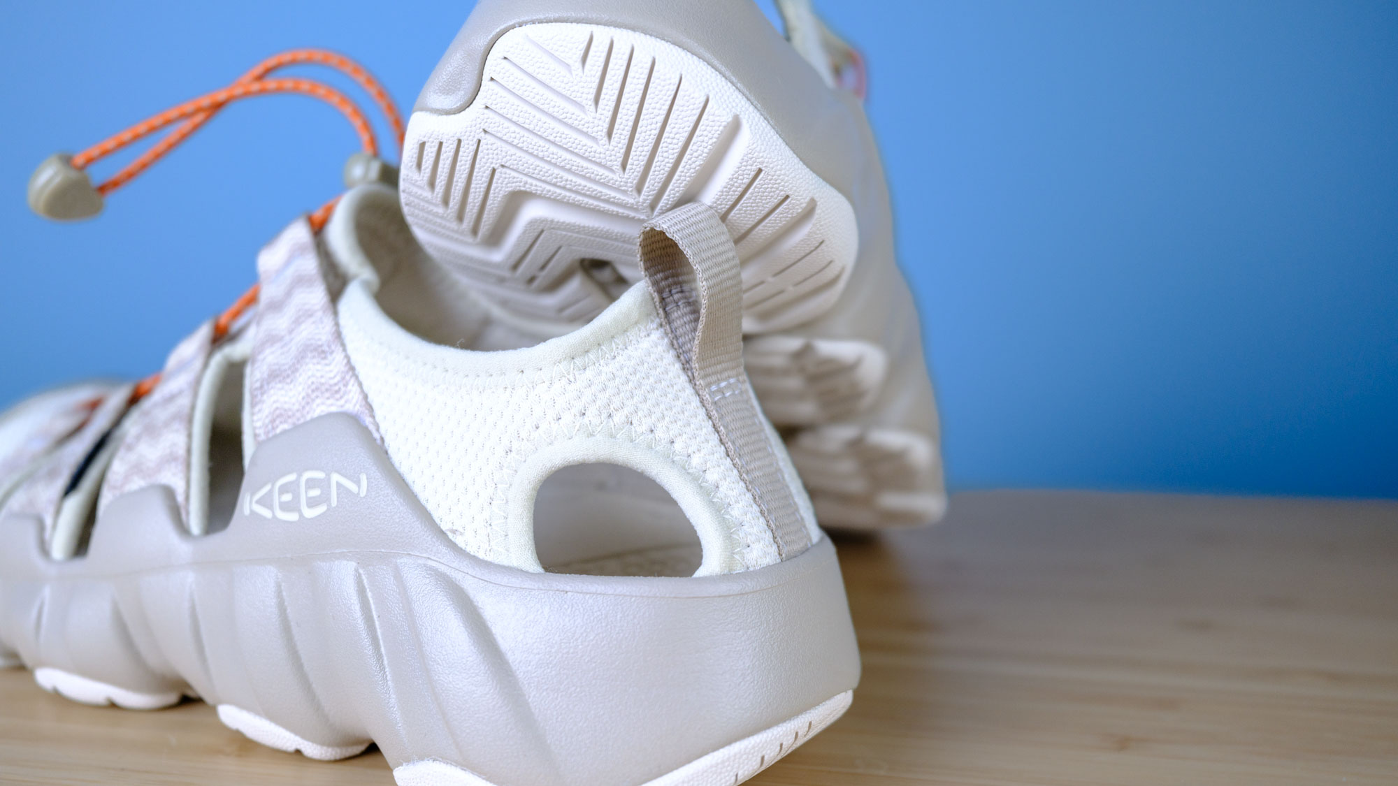 The Keen Hyperport H2 water hiking sandals with aquagrip soles, injected foam soles, and a cinch clasp for slip-on ease, in the taupe/coral colorway