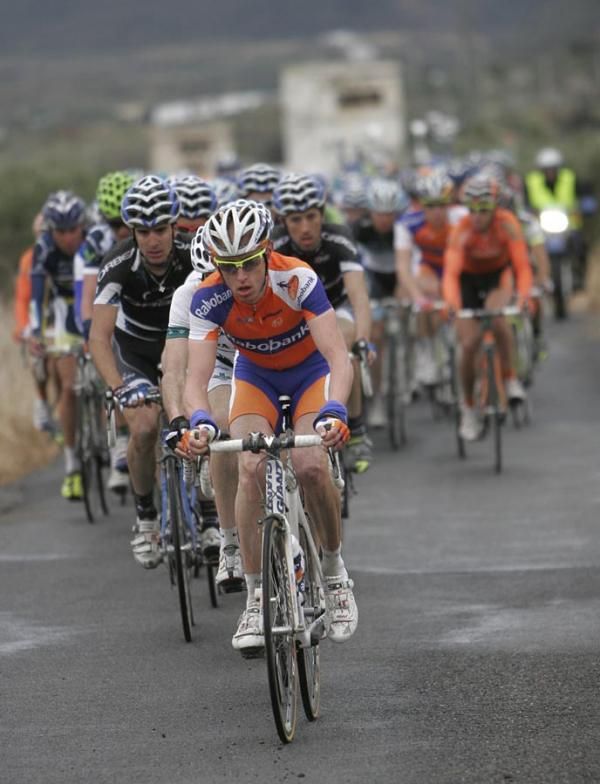 A Rabobank rider sets tempo in the peloton.
