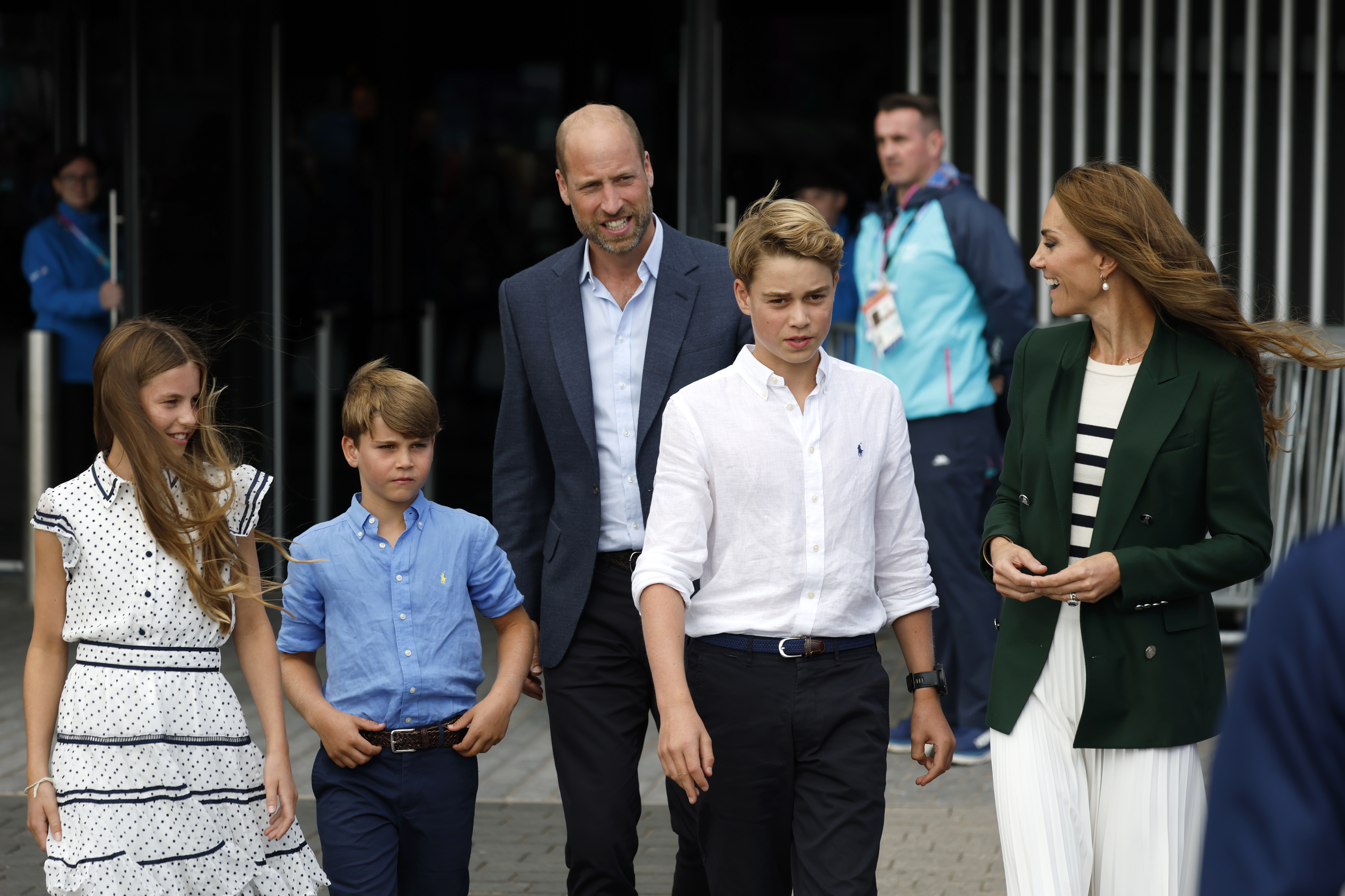 Prince William and Princess Kate with Prince George, Princess Charlotte and Prince Louis arrive for the Glasgow 2026 Commonwealth Games at The Hydro on August 1, 2026 in Glasgow, Scotland