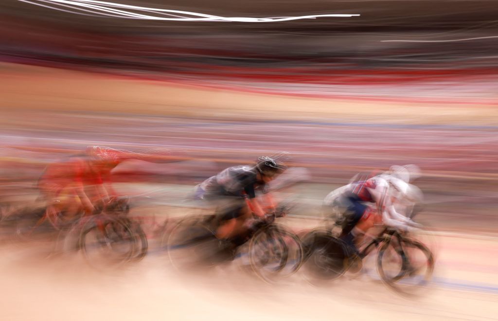 Cyclists compete in the womens track cycling omnium elimination race during the Tokyo 2020 Olympic Games at Izu Velodrome in Izu Japan on August 8 2021 Photo by Odd ANDERSEN AFP Photo by ODD ANDERSENAFP via Getty Images