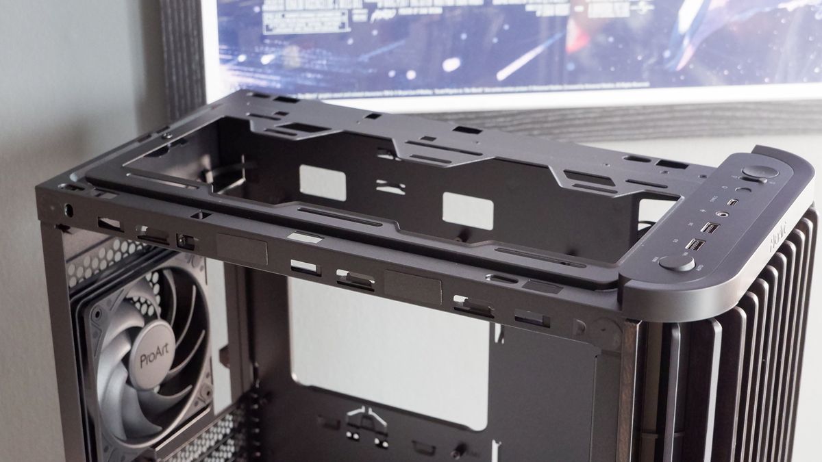 A gaming PC in the process of being built, using Radeon and Ryzen components and an Asus Pro Art PA401 PC case.