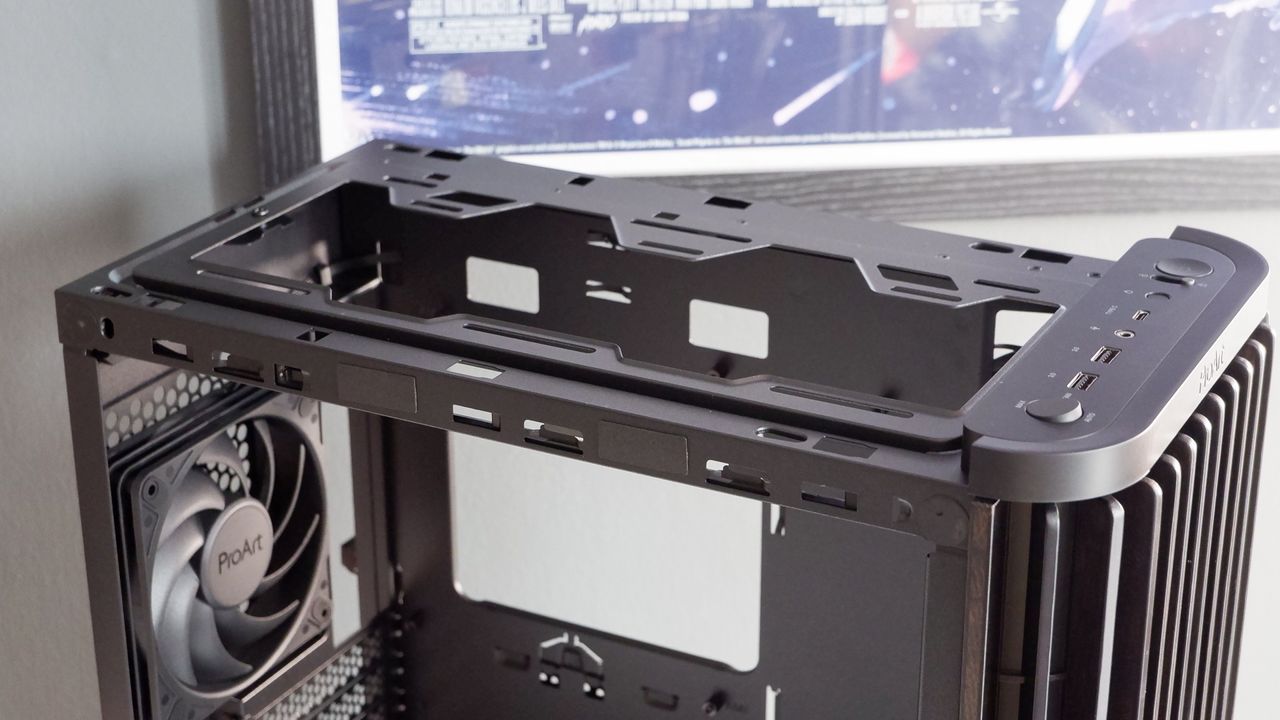A gaming PC in the process of being built, using Radeon and Ryzen components and an Asus Pro Art PA401 PC case.