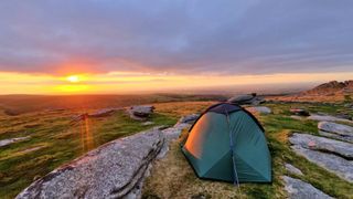 A wild camping pitch ay sunset on Dartmoor