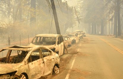 Abandoned vehicles sit on the side of a road, destroyed by flames, in Paradise, north of Sacramento, California on November 09, 2018. 