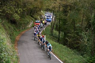 COMO ITALY OCTOBER 12 Matej Mohoric of Slovenia and Team Bahrain Victorious and a general view of the breakaway competing during the 118th Il Lombardia 2024 a 255km one day race from Bergamo to Como UCIWT on October 12 2024 in Como Italy Photo by Tim de WaeleGetty Images