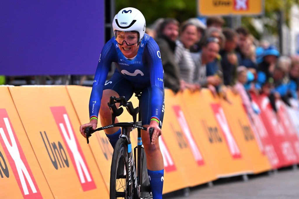 HERNING DENMARK AUGUST 26 Annemiek Van Vleuten of The Netherlands and Movistar Team sprints during the 9th Tour of Scandinavia 2023 Battle Of The North Stage 4 a 165km individual time trial stage from Herning to Herning UCIWWT on August 26 2023 in Herning Denmark Photo by Luc ClaessenGetty Images