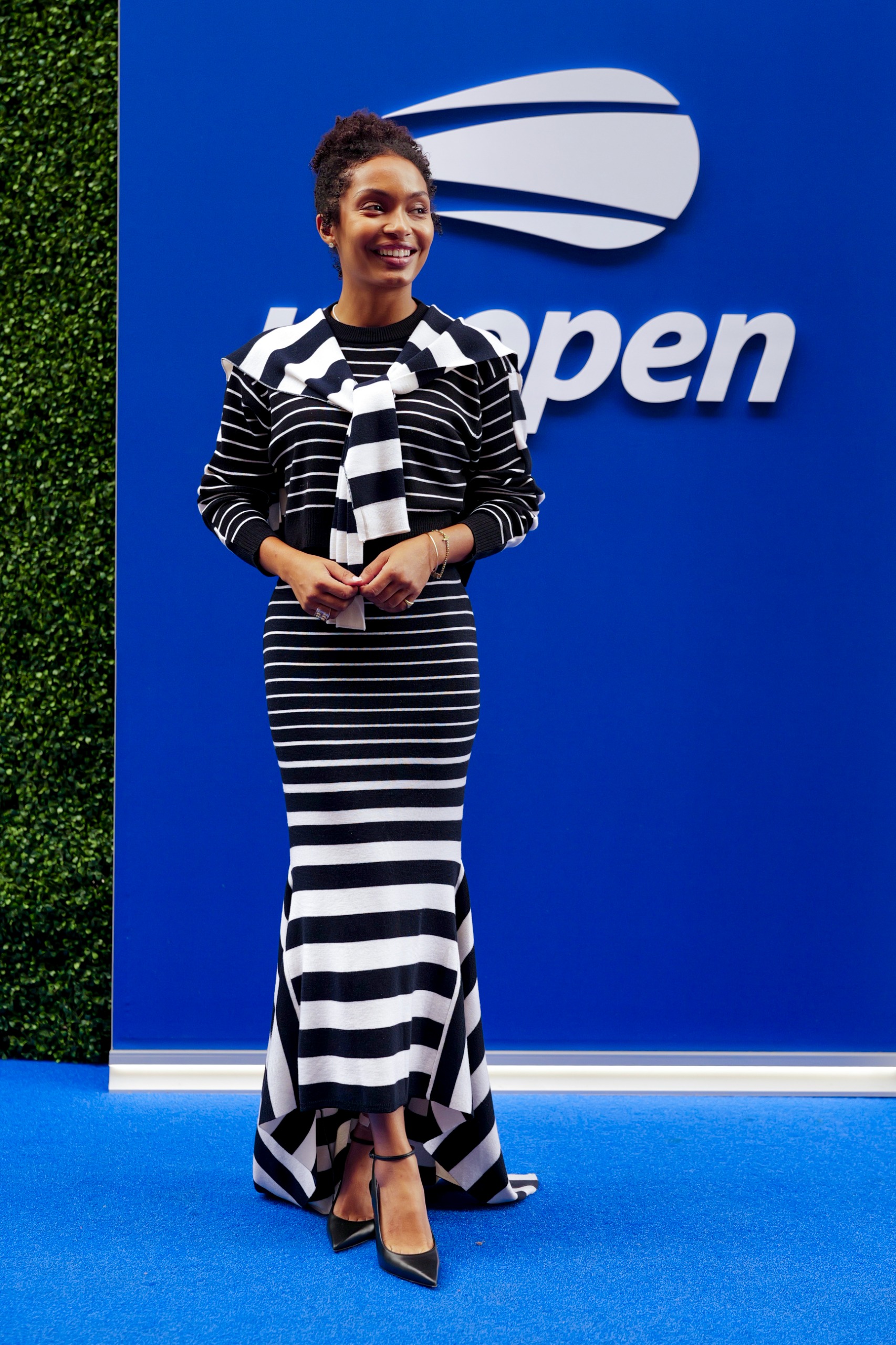 Yara Shahidi styled a striped fall skirt set from Monse Fall 2026 at the 2026 US Open