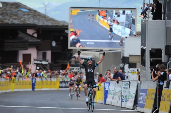Chris Froome (Sky) celebrates victory on stage 5 at the Valmorel mountain finish