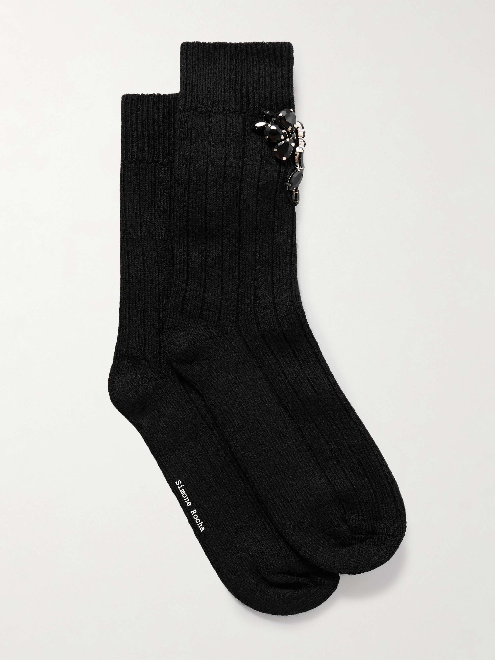 Crystal-Embellished Ribbed Wool-Blend Socks