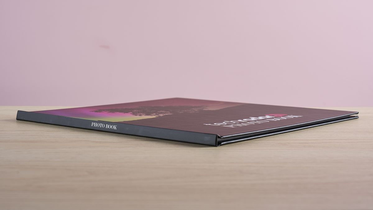 A close-up of the spine of the Mixbook photo book.