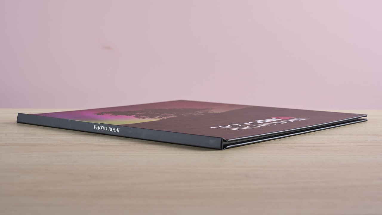 A close-up of the spine of the Mixbook photo book.
