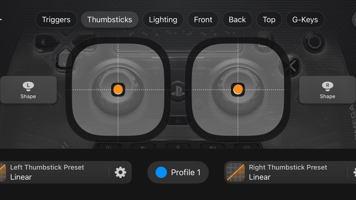 Screenshot from the Scuf app showing thumbstick deadzone customization on the Scuf Omega PS5 controller