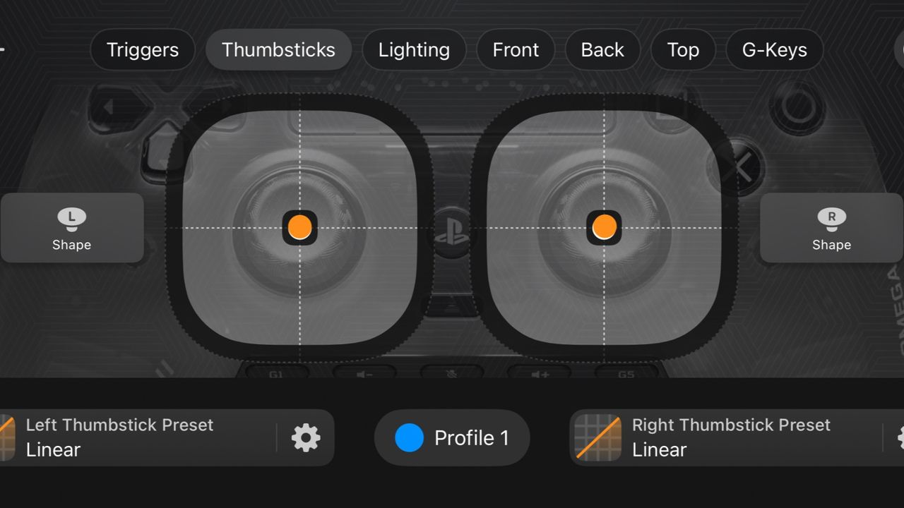Screenshot from the Scuf app showing thumbstick deadzone customization on the Scuf Omega PS5 controller