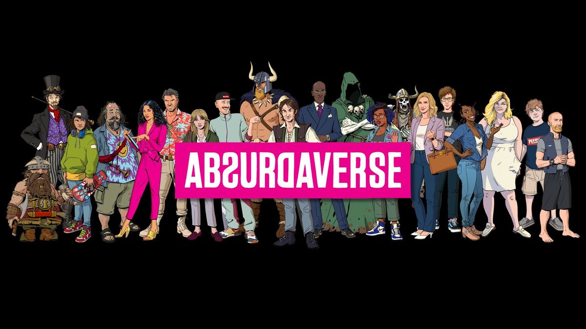 A logo for Absurdaverse, the new game from Dan Houser&#039;s Absurd Ventures, with massive cast of modern-fantasy characters lined up behind it.