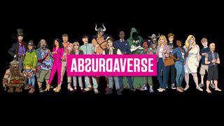 A logo for Absurdaverse, the new game from Dan Houser's Absurd Ventures, with massive cast of modern-fantasy characters lined up behind it.