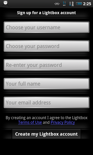 Lightbox Account Creation Screen