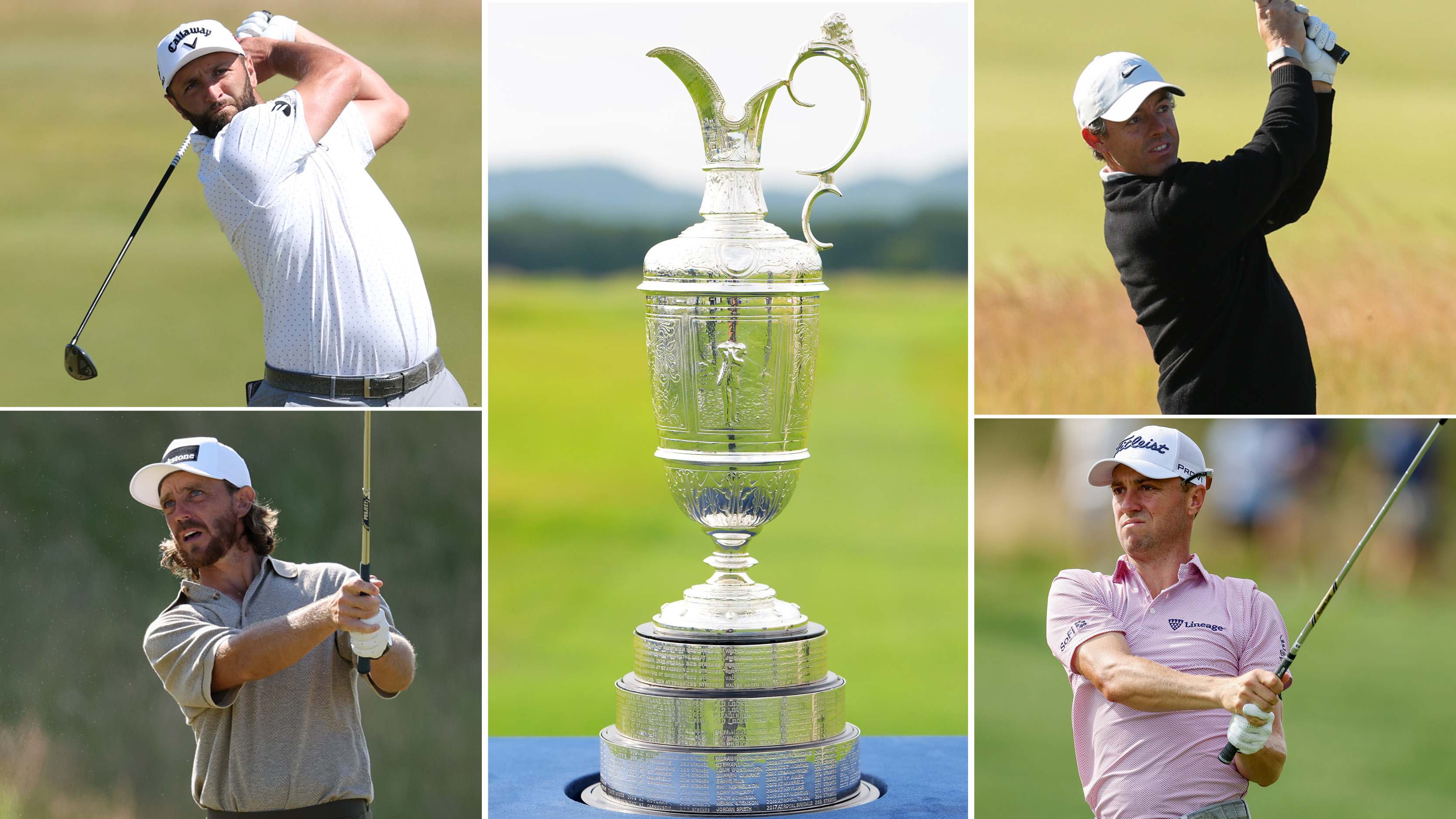 The Claret Jug centered and views of Jon Rahm, Rory McIlroy, Tommy Fleetwood and Justin Thomas hitting golf shots