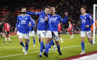 James Maddison, centre left, celebrates his goal against Southampton