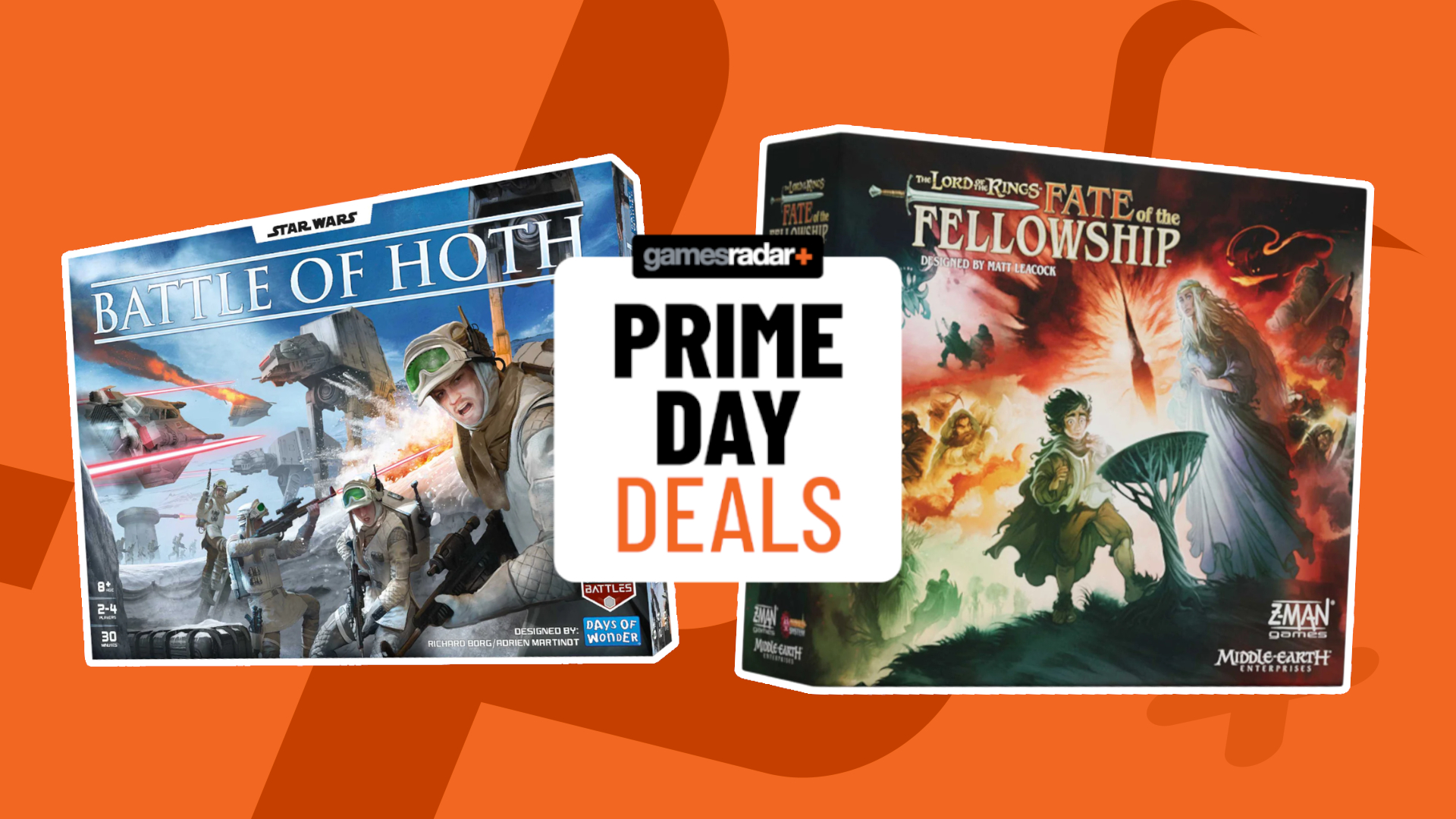 Battle of Hoth and Fate of the Fellowship boxes on either side of a GamesRadar+ logo and &#039;Prime Day deals&#039; badge, all against an orange background