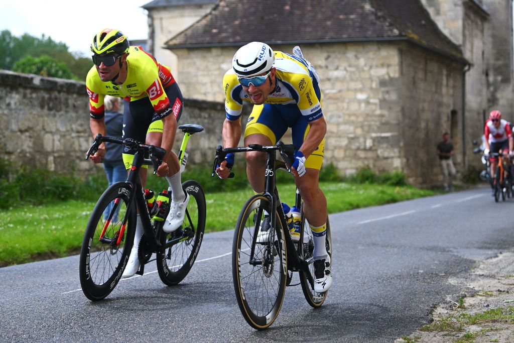LAON FRANCE MAY 17 LR Ceriel Desal of Belgium and Team Bingoal WB and Tuur Dens of Belgium and Team FlandersBaloise compete in the breakaway during the the 67th 4 Jours de Dunkerque Grand Prix des Hauts de France 2023 Stage 2 a 1699km at stage from Compigne to Laon on May 17 2023 in Laon France Photo by Luc ClaessenGetty Images