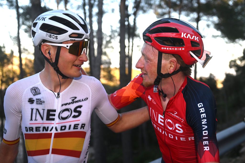 ALTURA SPAIN FEBRUARY 04 LR Carlos Rodrguez of Spain and stage winner Tao Geoghegan Hart of The United Kingdom and Team INEOS Grenadiers celebrate at finish line after the 74th Volta a la Comunitat Valenciana 2023 Stage 4 a 1816km stage from Burriana to Alto de la Cueva Santa Altura 832m VCV2023 VoltaValenciana on February 04 2023 in Altura Spain Photo by Dario BelingheriGetty Images