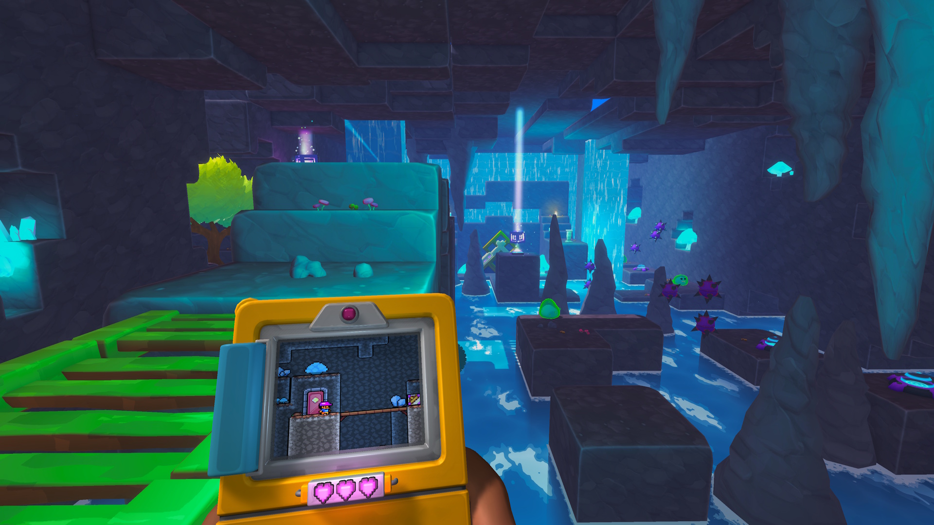 Screenbound screenshot showcasing Qboy off to the left in an underground 3D and 2D world