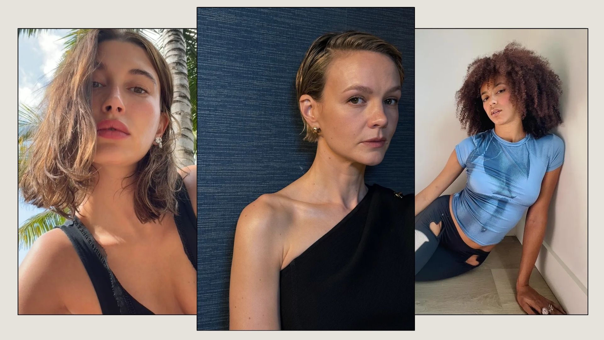 A collage of stylish bob hairstyles on Hailey Bieber, Carey Mulligan and Ciara Cherise