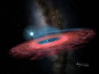 An artist&#039;s impression of a newly discovered stellar black hole and its blue star companion.