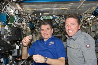 Italian astronauts Paolo Nespoli (left), Expedition 27 flight engineer, and Roberto Vittori, STS-134 mission specialist, pictured in the Destiny lab of the International Space Station while space shuttle Endeavour remains docked with the station