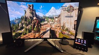 The Alienware AW3225QF QD-OLED monitor on a desk