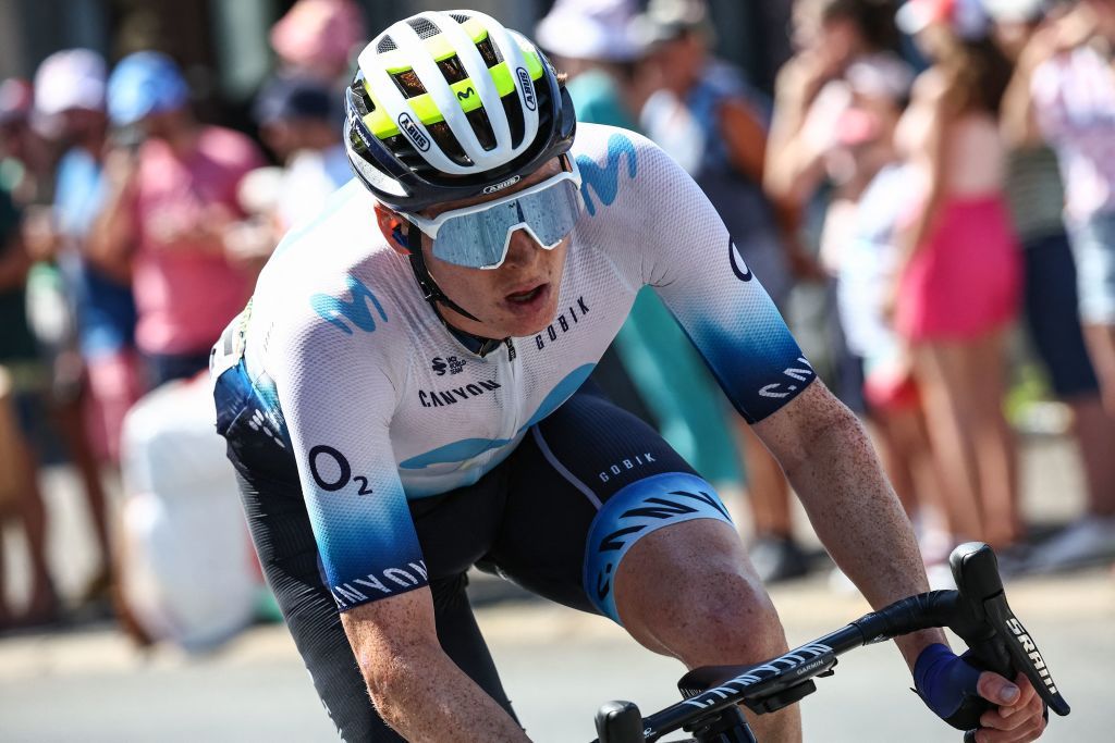 Movistar Teams US rider Matteo Jorgenson cycles in a breakaway during the 9th stage of the 110th edition of the Tour de France cycling race 1825 km between SaintLeonarddeNoblat and Puy de Dome in central France on July 9 2023 Photo by AnneChristine POUJOULAT AFP Photo by ANNECHRISTINE POUJOULATAFP via Getty Images