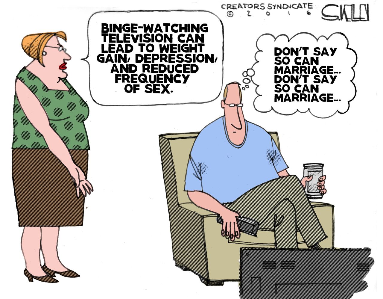 Editorial cartoon U.S. marriage TV binge watching study