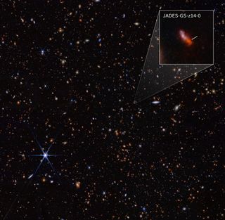 The galaxy JADES-GS-z14-0 as seen by the James Webb Space Telescope is the most distant and earliest galaxy ever spotted existing just 300 million years