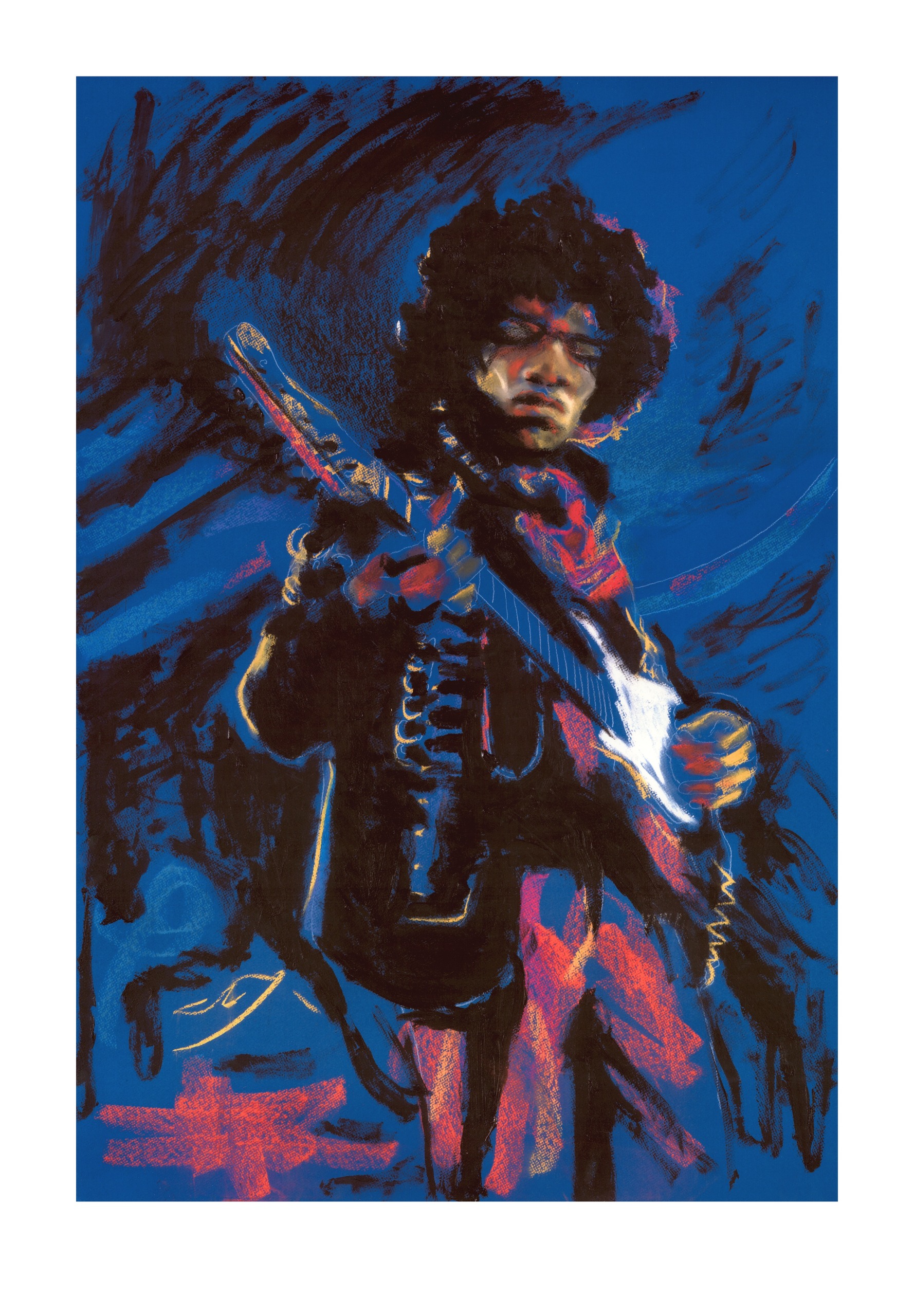 Another painting of jimi playing guitar, this time in blue