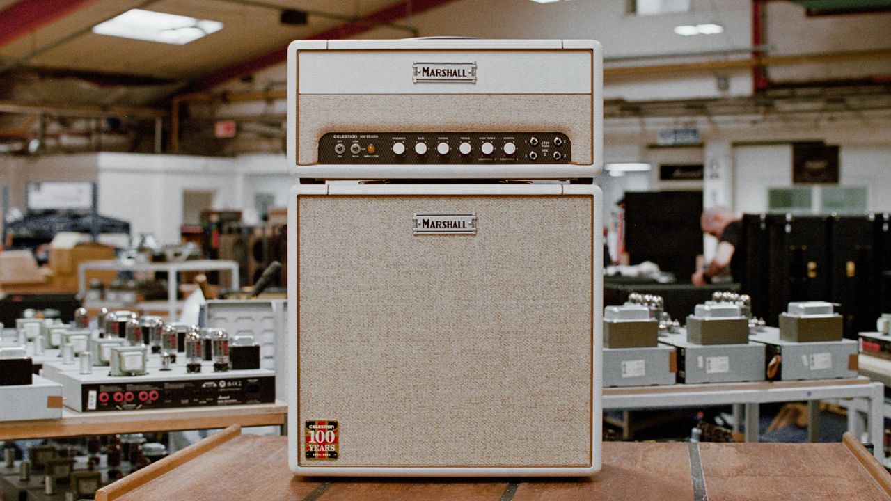 The Marshall x Celestion Studio JTM head and cabinet on a workshop bench at the Marshall factory in Bletchley