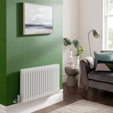 radiator with green wall and floor lamp