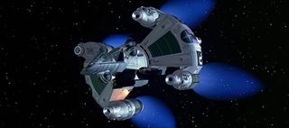 a CGI spaceship with thrusters burning blue