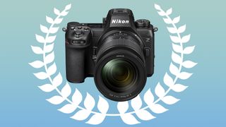 Product image of a Nikon Z6 III encircled by a laurel wreath and a blue to light-blue gradient