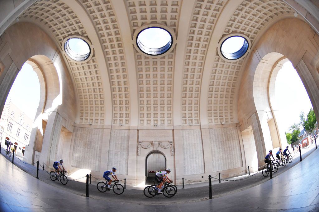 The Deceuninck-QuickStep riders pass through the Menenpoort - Menin Gate