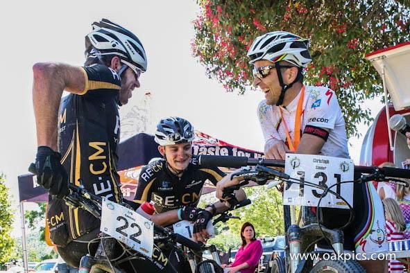 Top three overall from left: Erik Kleinhans (third), Lourens Luus (second) and Christoph Sauser (first) have a post-race chat.