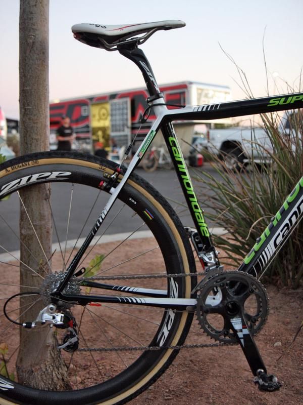 Both the chain stays and seat stays on Cannondale's new SuperX 'cross racer are notably flattened to provide more rider comfort and improve tire traction.