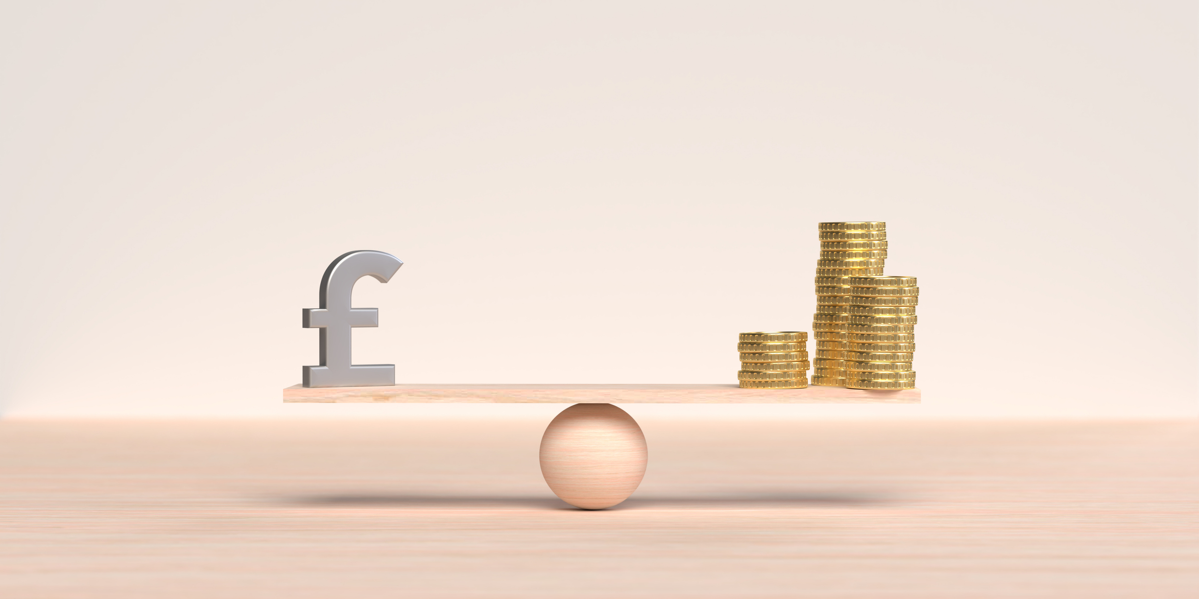 Silver color Sterling sign and gold coins standing on a balanced surface representing risk and reward