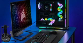 Corsair accent lights inside of a gaming desktop.