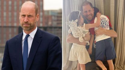A composite of a picture of Prince William in September 2026 and a picture of Harry hugging Lilibet and Archie shared by Meghan on Instagram