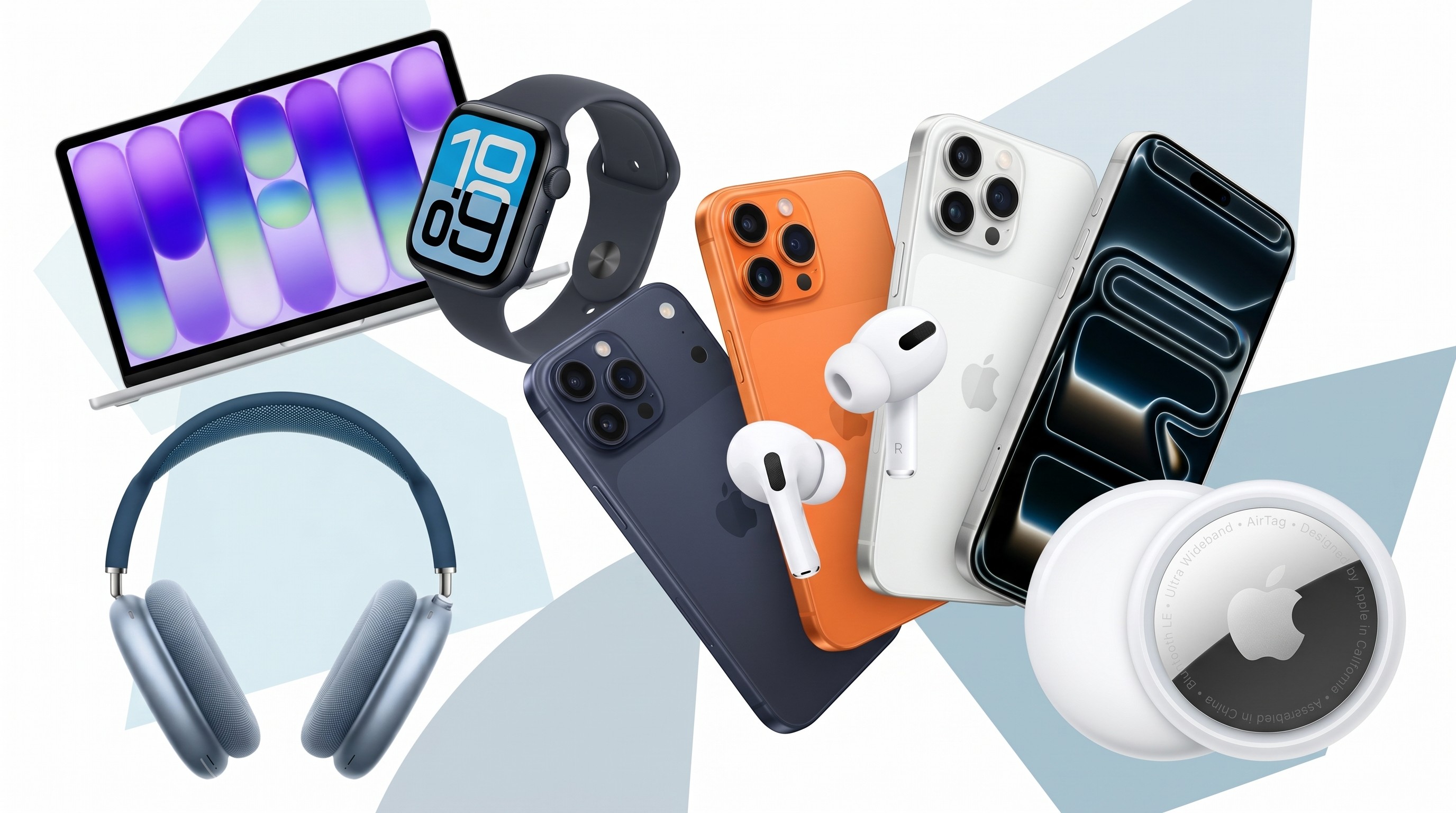 A collage of Apple tech, including a MacBook Neo, AirPods, iPhone 17, AirTags and Apple Watch SE 3.