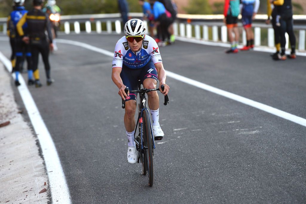 TORRALBA DEL PINAR SPAIN FEBRUARY 02 Remco Evenepoel of Belgium and Team QuickStep Alpha Vinyl attacks to win the 73rd Volta A La Comunitat Valenciana 2022 Stage 1 a 1667km stage from Les Alqueries to Torralba Del Pinar 735m VCV2022 on February 02 2022 in Torralba Del Pinar Spain Photo by Dario BelingheriGetty Images
