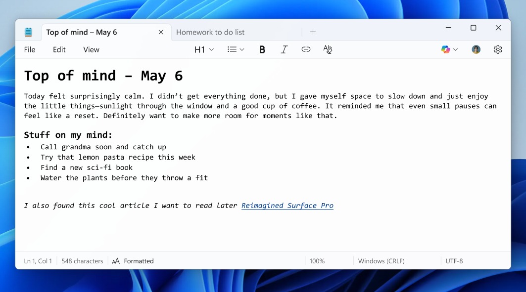 Notepad with lightweight formatting and Markdown support