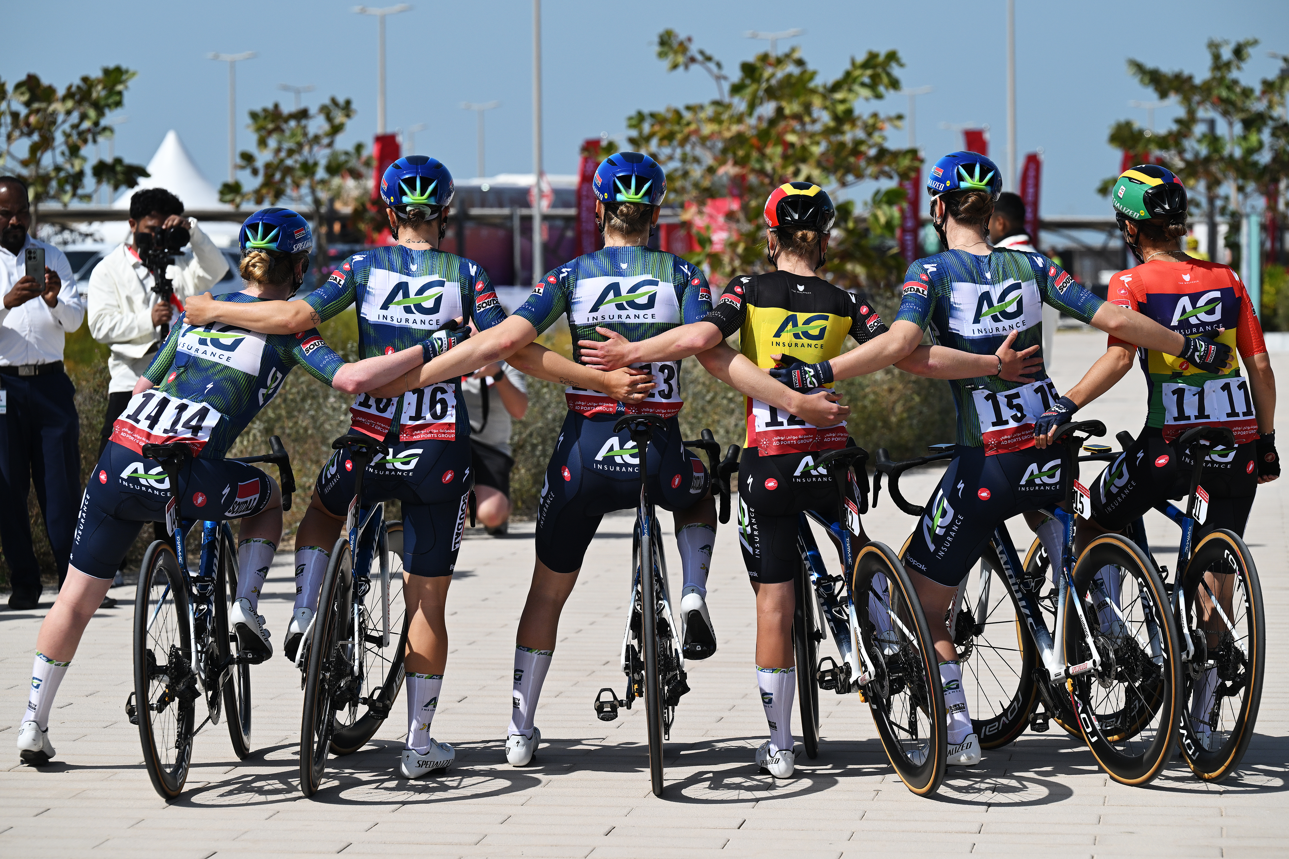 AL MIRFA, UNITED ARAB EMIRATES - FEBRUARY 05: A general view of Kimberley (Le Court) Pienaar of Mauritius, Justine Ghekiere of Belgium, Marthe Goossens of Belgium, Alexandra Manly of Australia, Ilse Pluimers of Netherlands, Gladys Verhulst-Wild of France and Team AG Insurance - Soudal prior to the 4th UAE Tour Women 2026, Stage 1 a 111km stage from Al Mirfa to on February 05, 2026 in Al Mirfa, United Arab Emirates. (Photo by Tim de Waele/Getty Images)