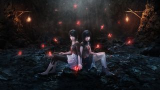 The Fatal Frame 2: Crimson Butterfly Remake key art with the two central characters sat in a dark forest surrounded by glowing butterflies.